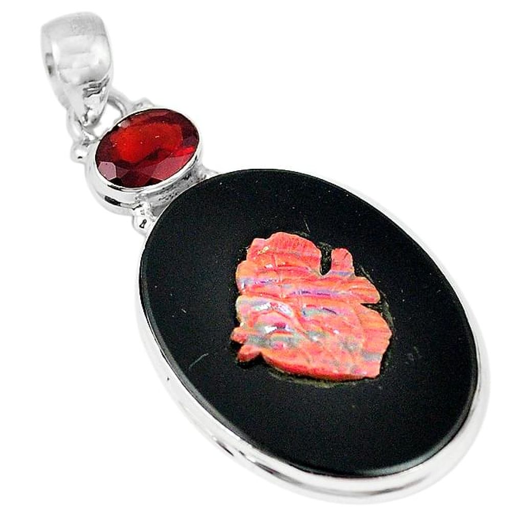 Clearance-Natural black cameo opal on onyx red garnet 925 silver pendant k75307