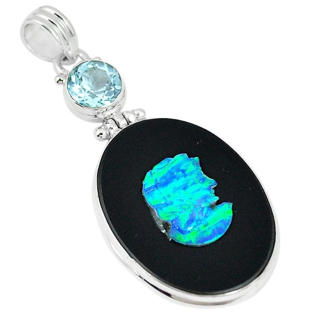 Clearance-Natural black cameo opal on onyx topaz 925 silver pendant jewelry k75310