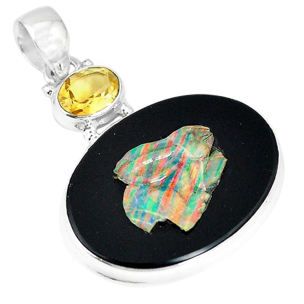 Clearance-Natural black cameo opal on onyx yellow citrine 925 silver pendant k75311