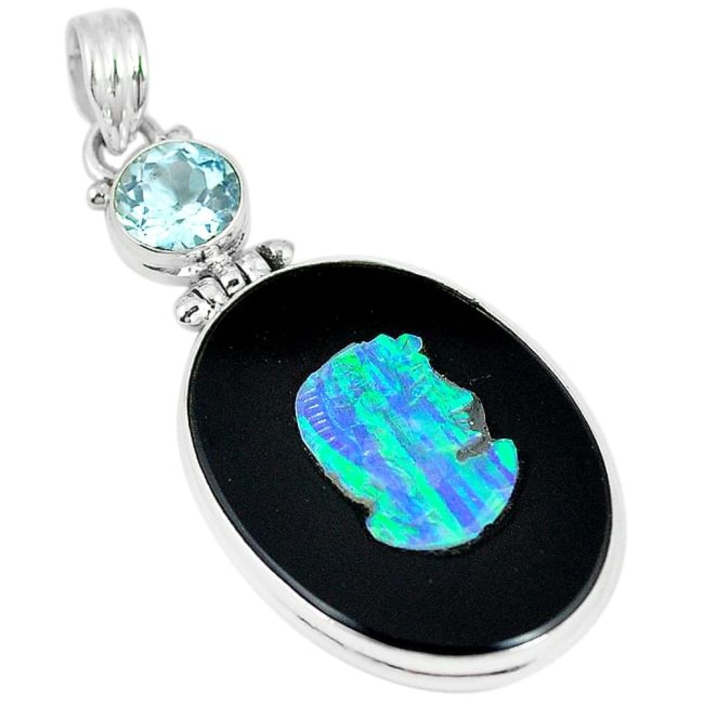 Clearance-Natural black cameo opal on onyx blue topaz 925 silver pendant k75313