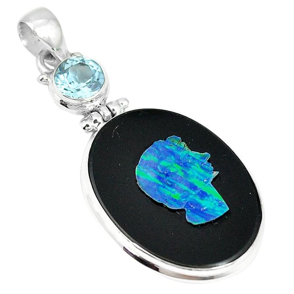 Clearance-925 silver natural black cameo opal on onyx topaz pendant jewelry k75320