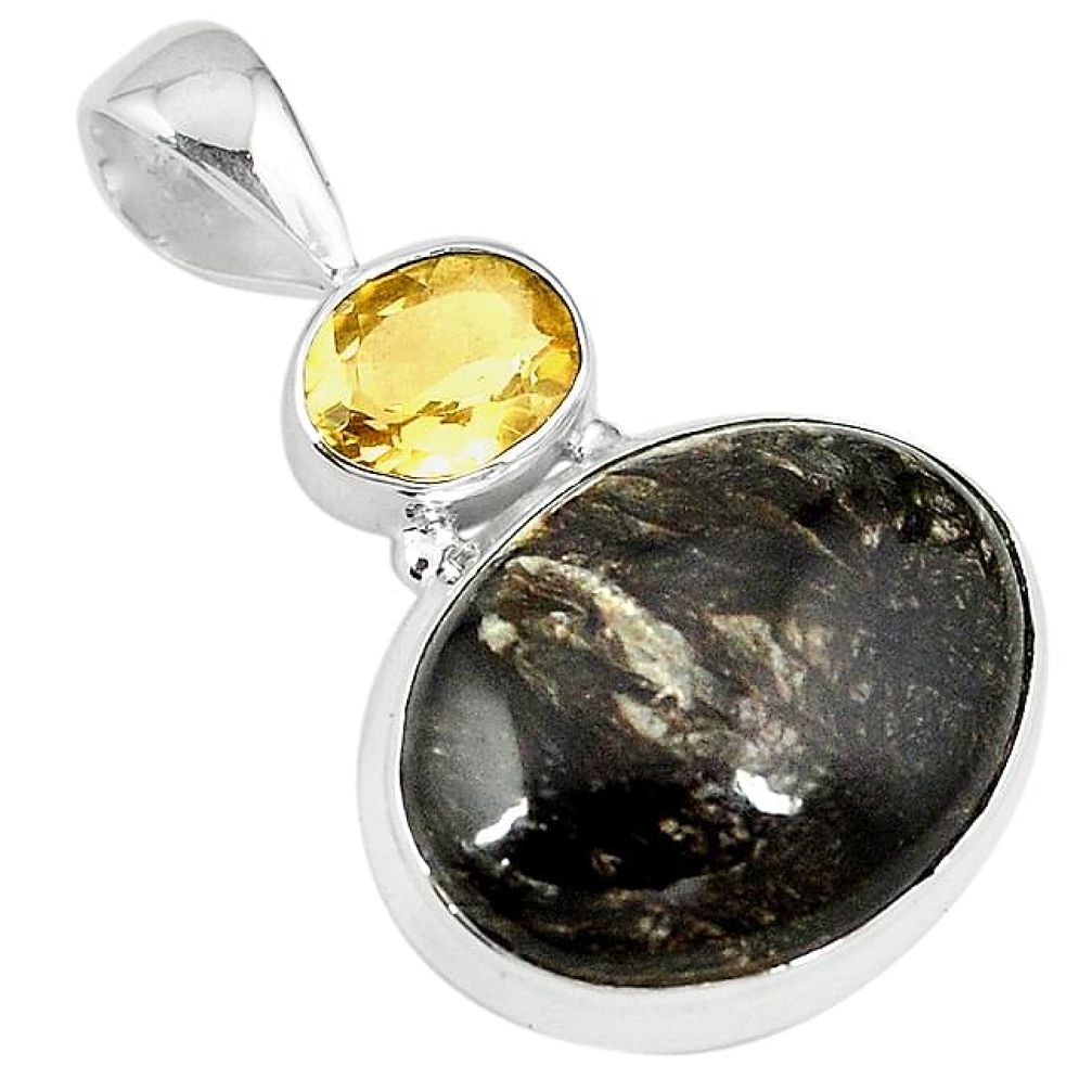 Clearance-Natural black seraphinite (russian) citrine 925 silver pendant jewelry k76306