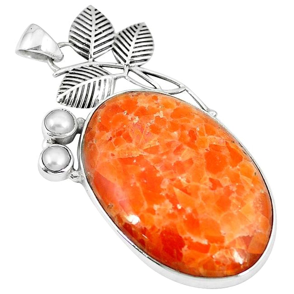 Natural orange calcite white pearl 925 sterling silver pendant jewelry k76706