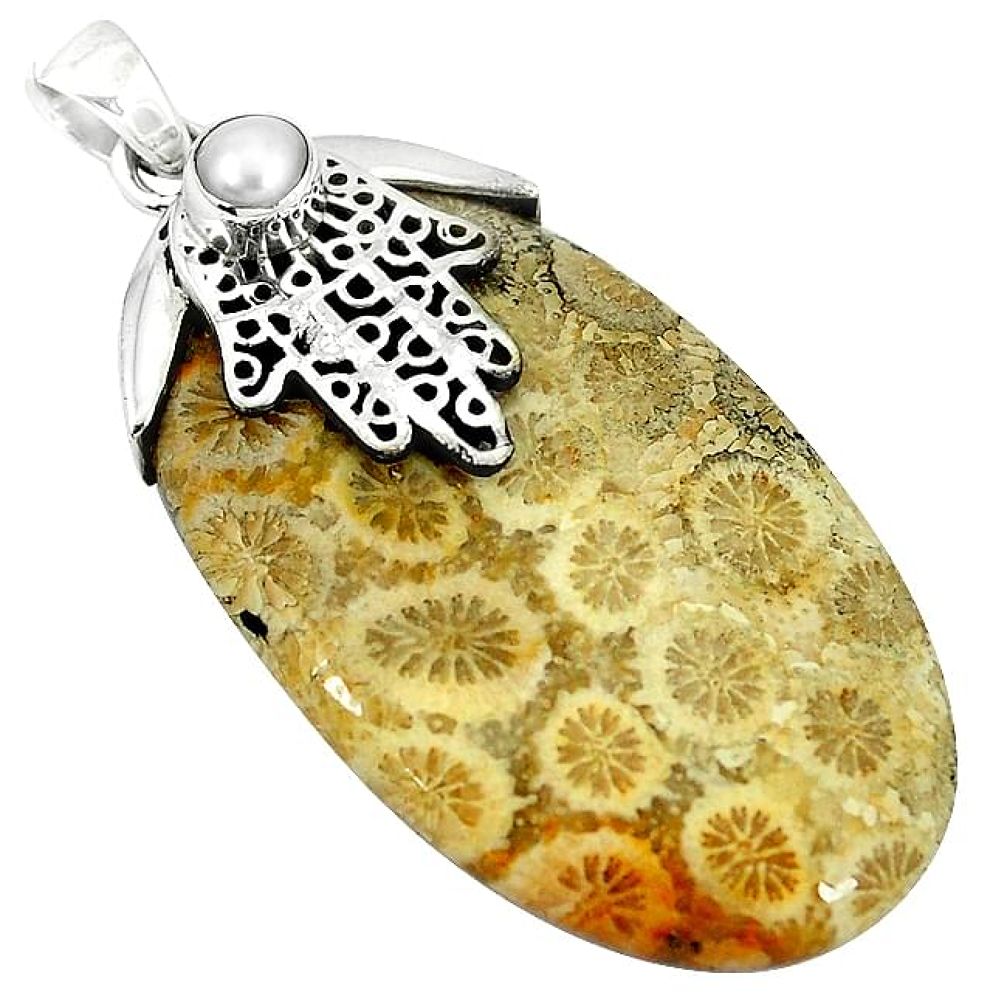 Clearance-Natural yellow fossil coral (agatized) petoskey stone 925 silver pendant k76769