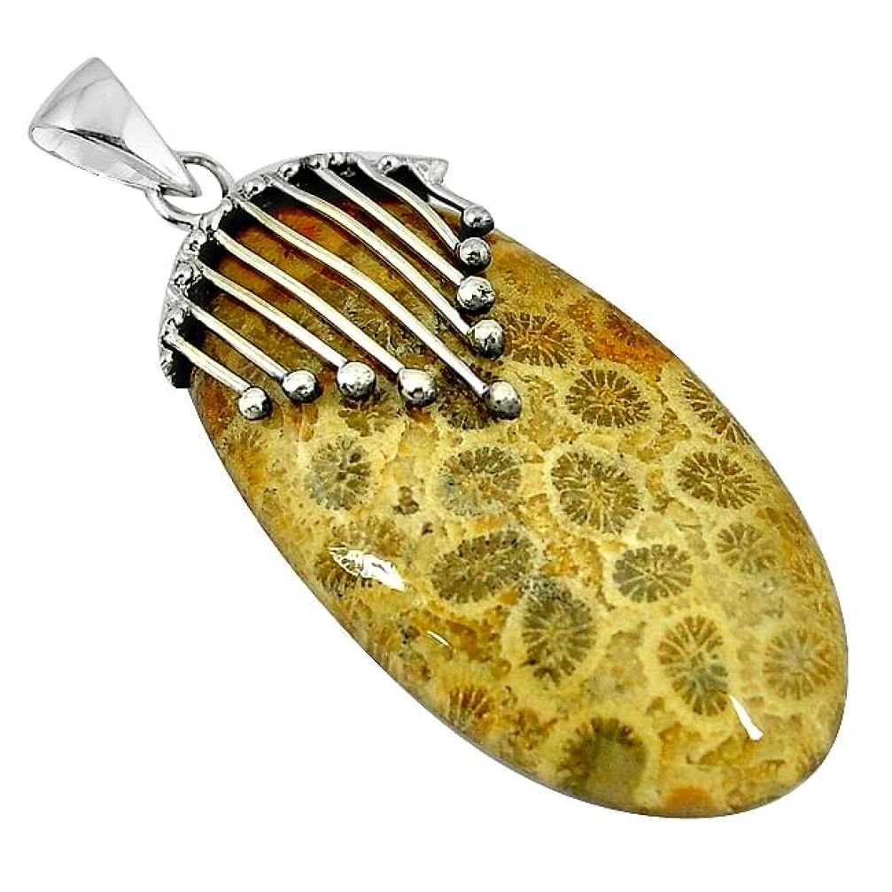 Clearance-Natural yellow fossil coral (agatized) petoskey stone 925 silver pendant k76773
