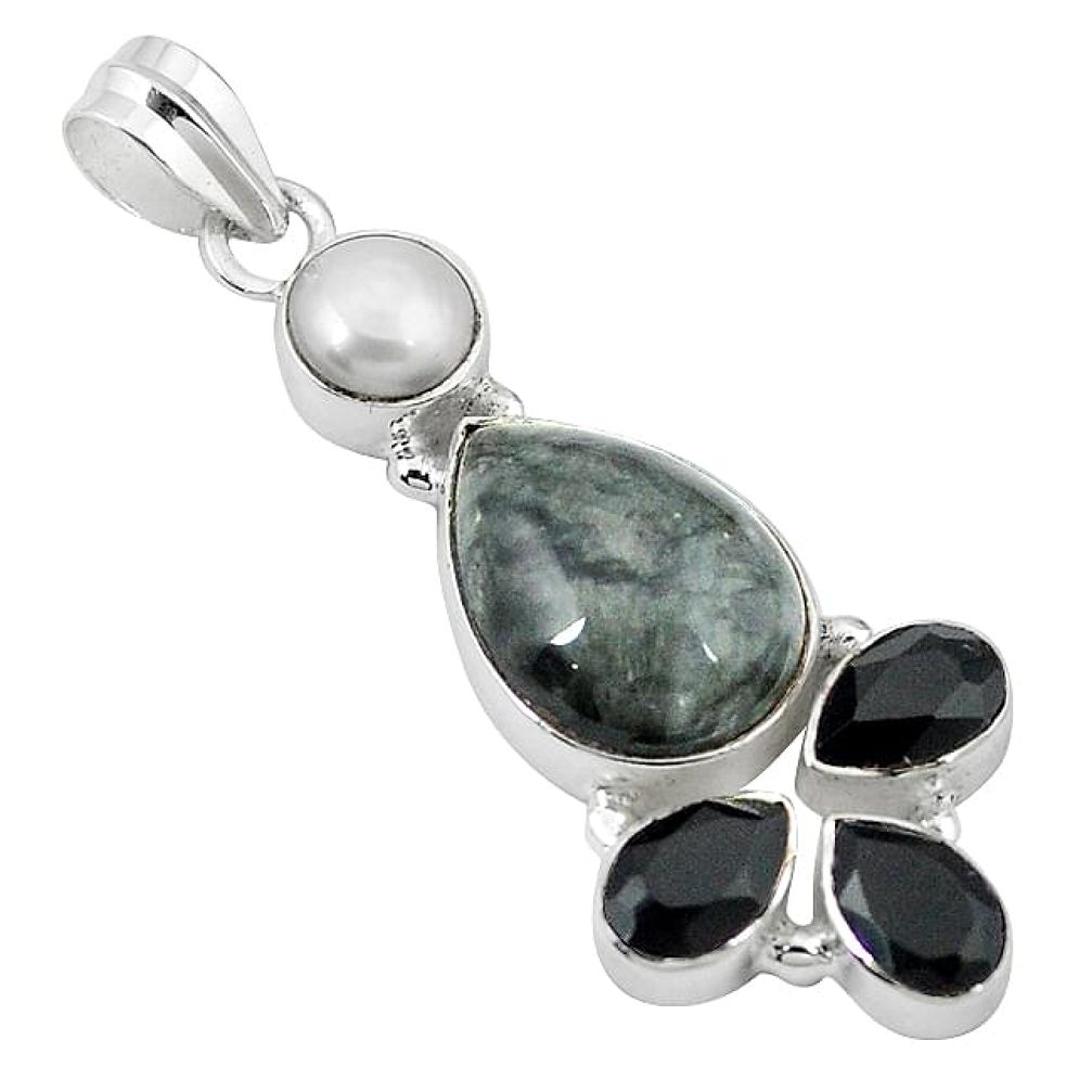 Natural black vivianite pearl onyx 925 sterling silver pendant k76846