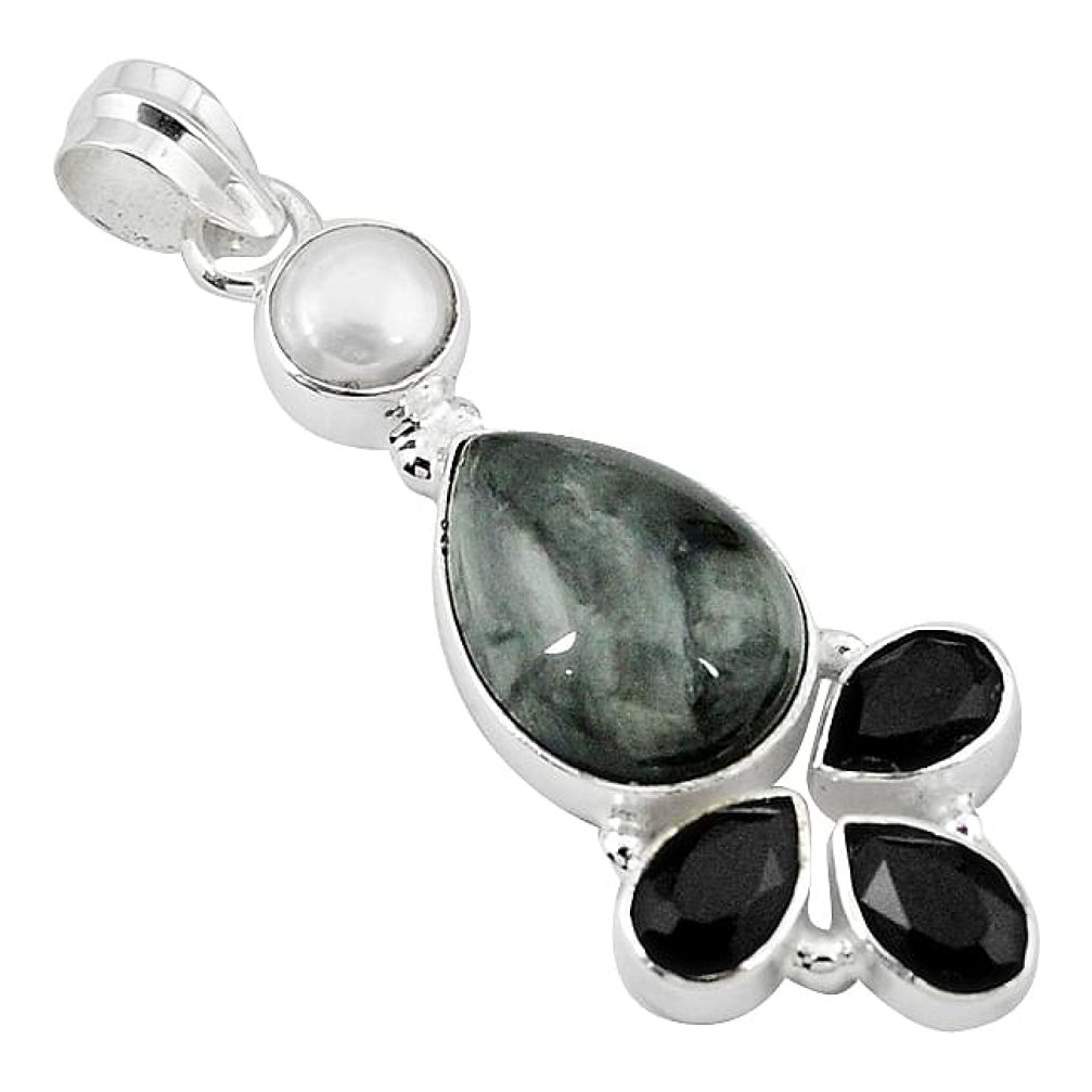 Natural black vivianite pearl onyx 925 sterling silver pendant k76847