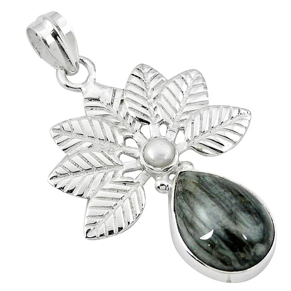 Clearance-Natural black vivianite white pearl 925 sterling silver pendant k76849