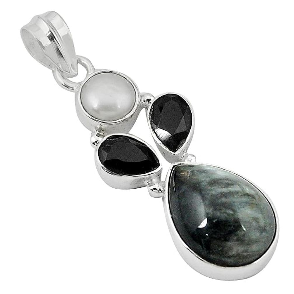 Natural black vivianite white pearl 925 sterling silver pendant k76851