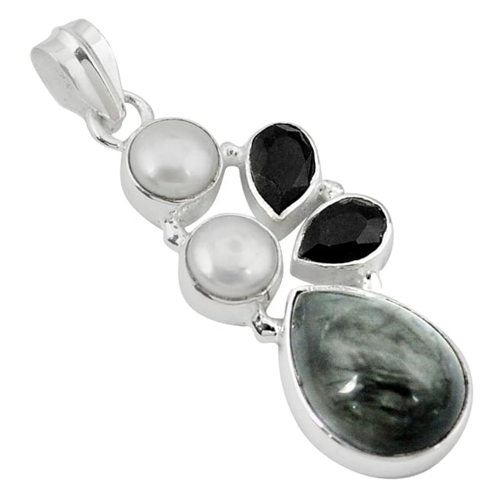 Clearance-Natural black vivianite pearl onyx 925 sterling silver pendant k76856