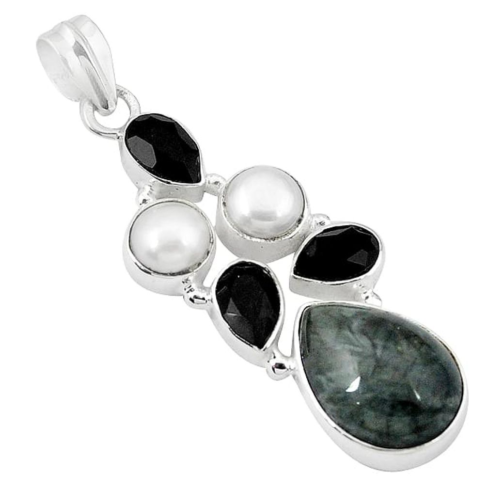 Clearance-925 sterling silver natural black vivianite pearl onyx pendant jewelry k76858