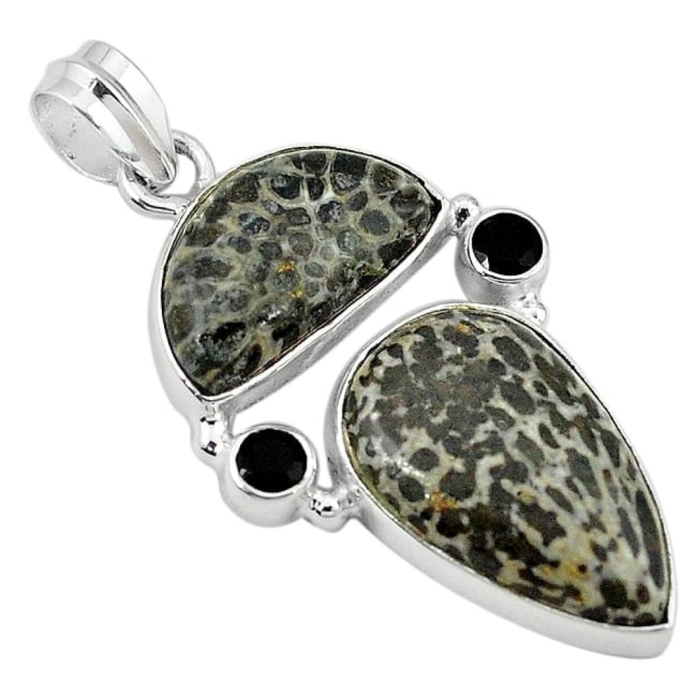 Clearance-Natural black stingray coral from alaska onyx 925 silver pendant k76962