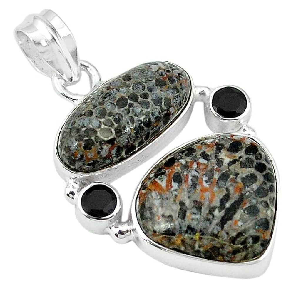Clearance-Natural black stingray coral from alaska onyx 925 silver pendant k76970