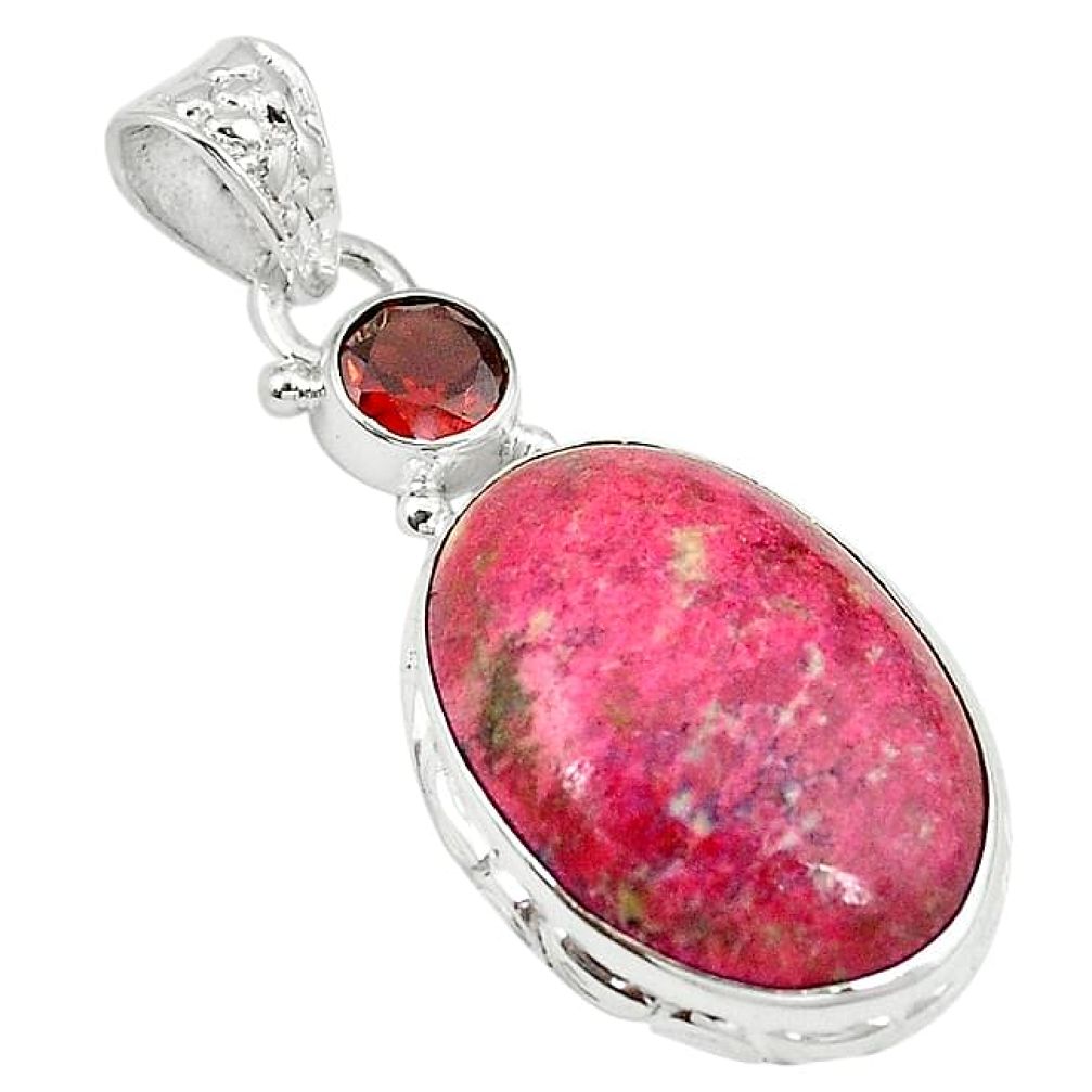 Clearance-Natural pink thulite (unionite, pink zoisite) garnet 925 silver pendant k79692