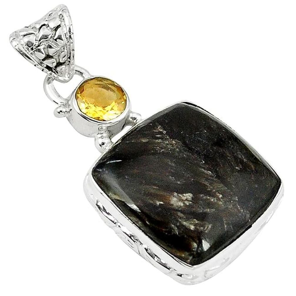 Natural black seraphinite (russian) citrine 925 sterling silver pendant k79787