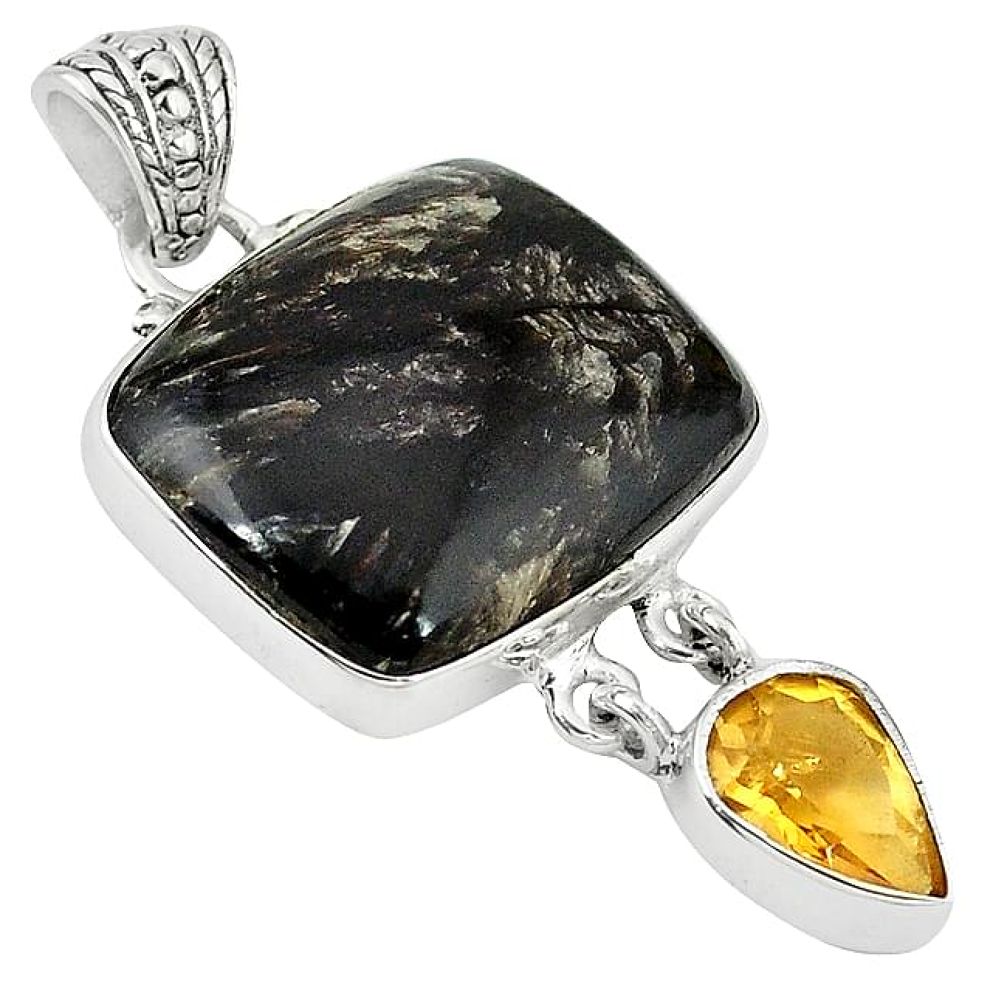925 silver natural black seraphinite (russian) yellow citrine pendant k79789