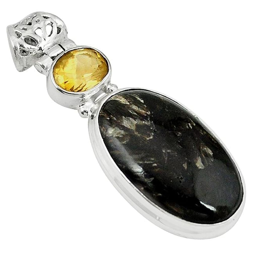 Natural black seraphinite (russian) citrine 925 silver pendant jewelry k79797