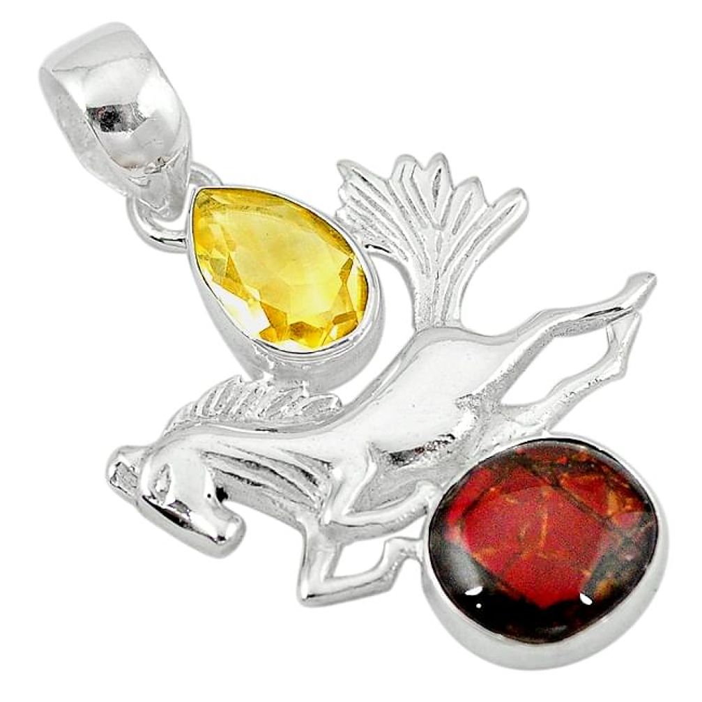 Clearance-Natural multi color ammolite (canadian) 925 silver horse pendant jewelry k81861