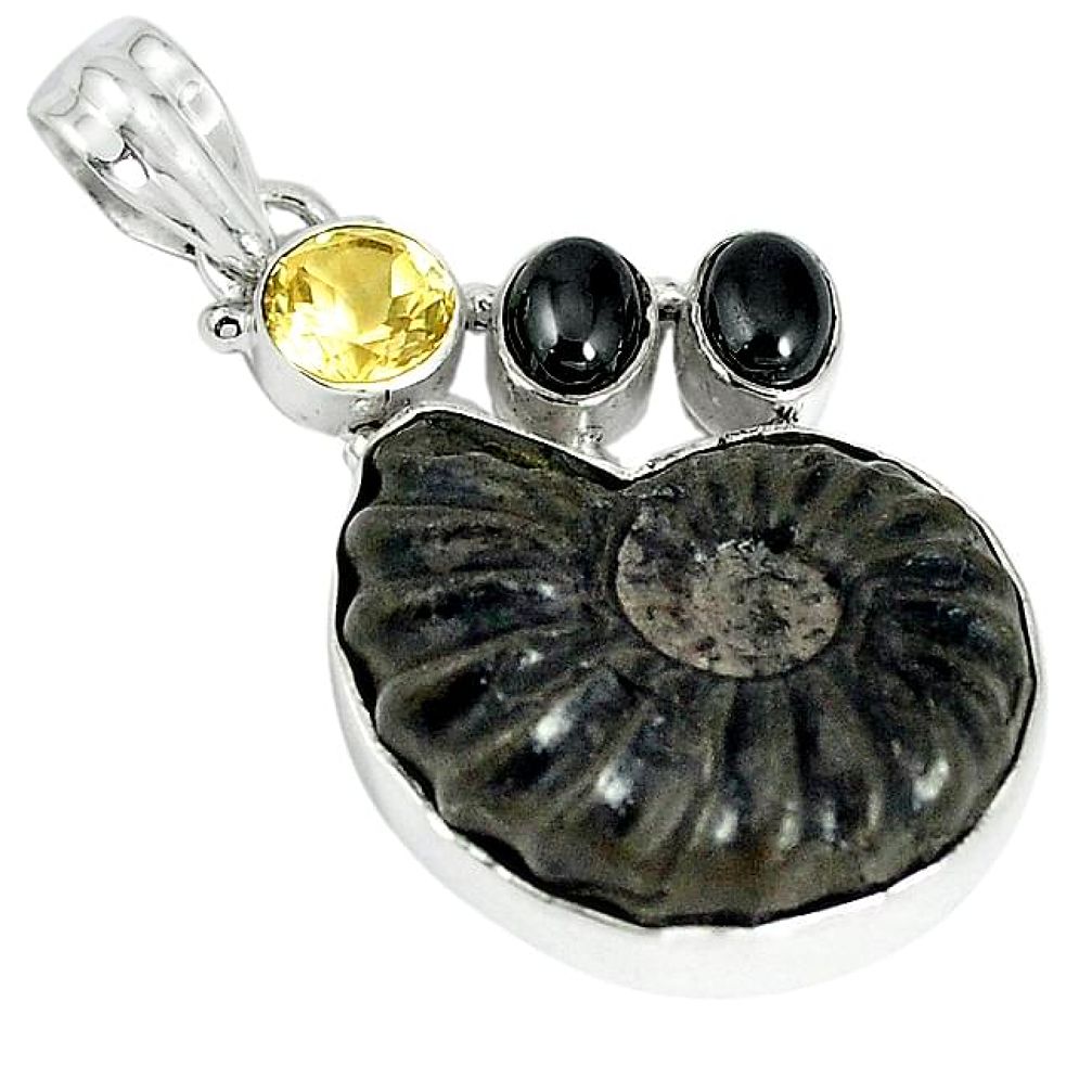 Natural brown pyrite ammonite hematite citrine 925 silver pendant jewelry k87194