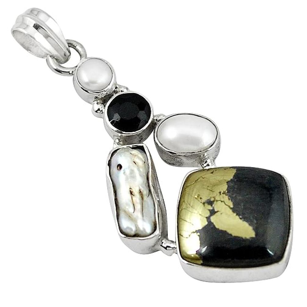 Natural golden pyrite in magnetite (healer's gold) 925 silver pendant k90714