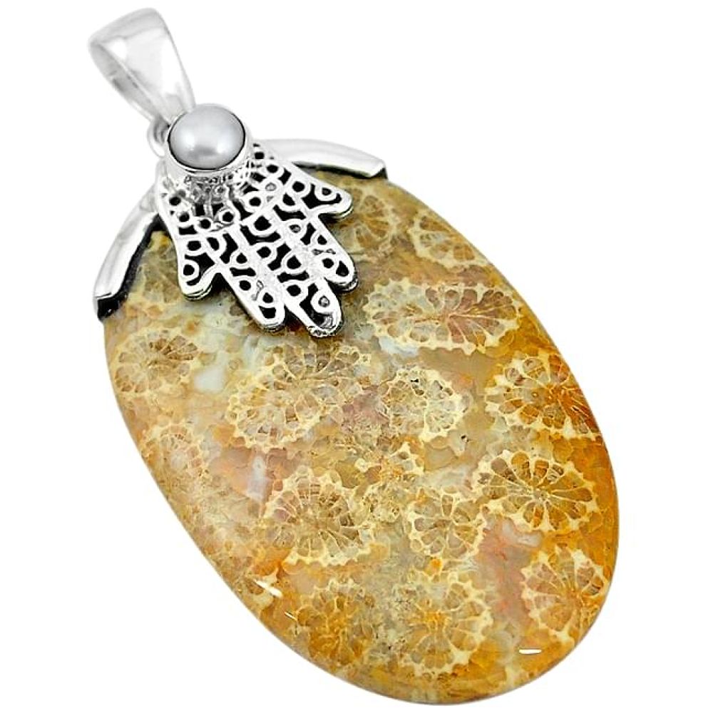 Natural yellow fossil coral (agatized) petoskey stone 925 silver pendant k91762