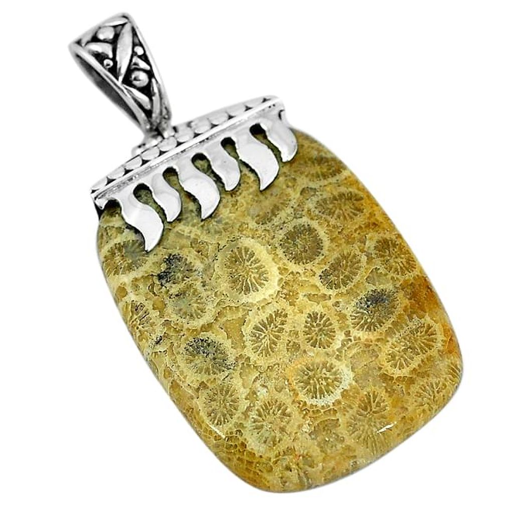 Natural yellow fossil coral (agatized) petoskey stone 925 silver pendant k91772