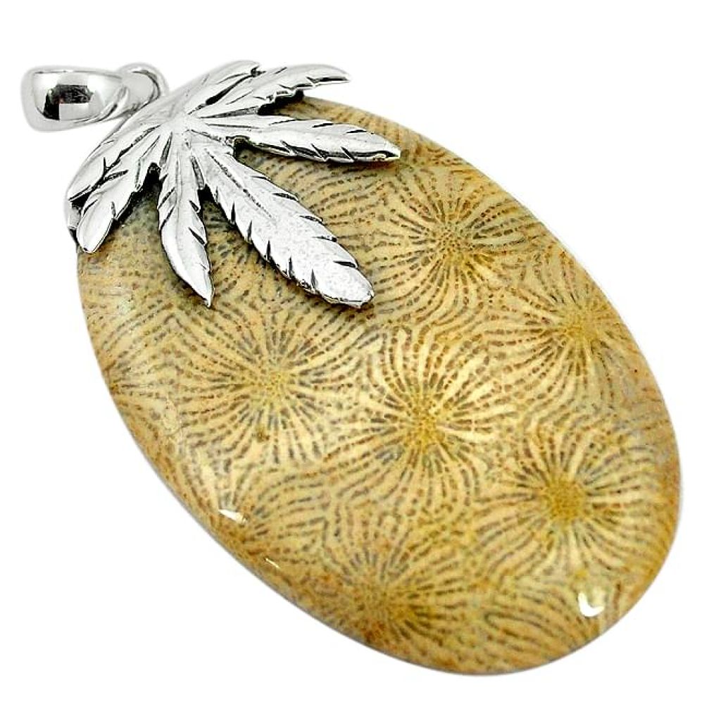 Natural yellow fossil coral (agatized) petoskey stone 925 silver pendant k91793