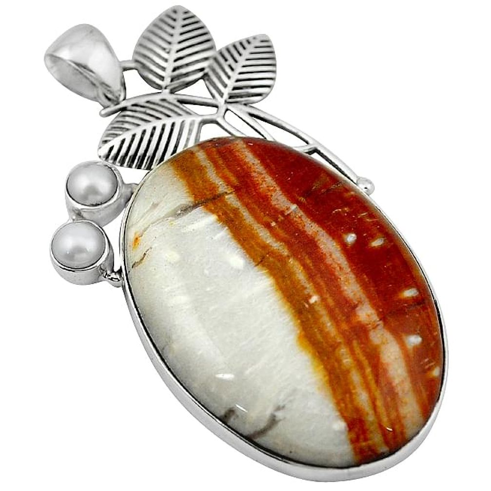 48.92cts natural brown picture jasper pearl 925 sterling silver pendant k92615