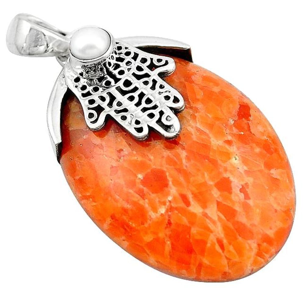 42.43cts natural orange calcite 925 silver hand of god hamsa pendant k92618