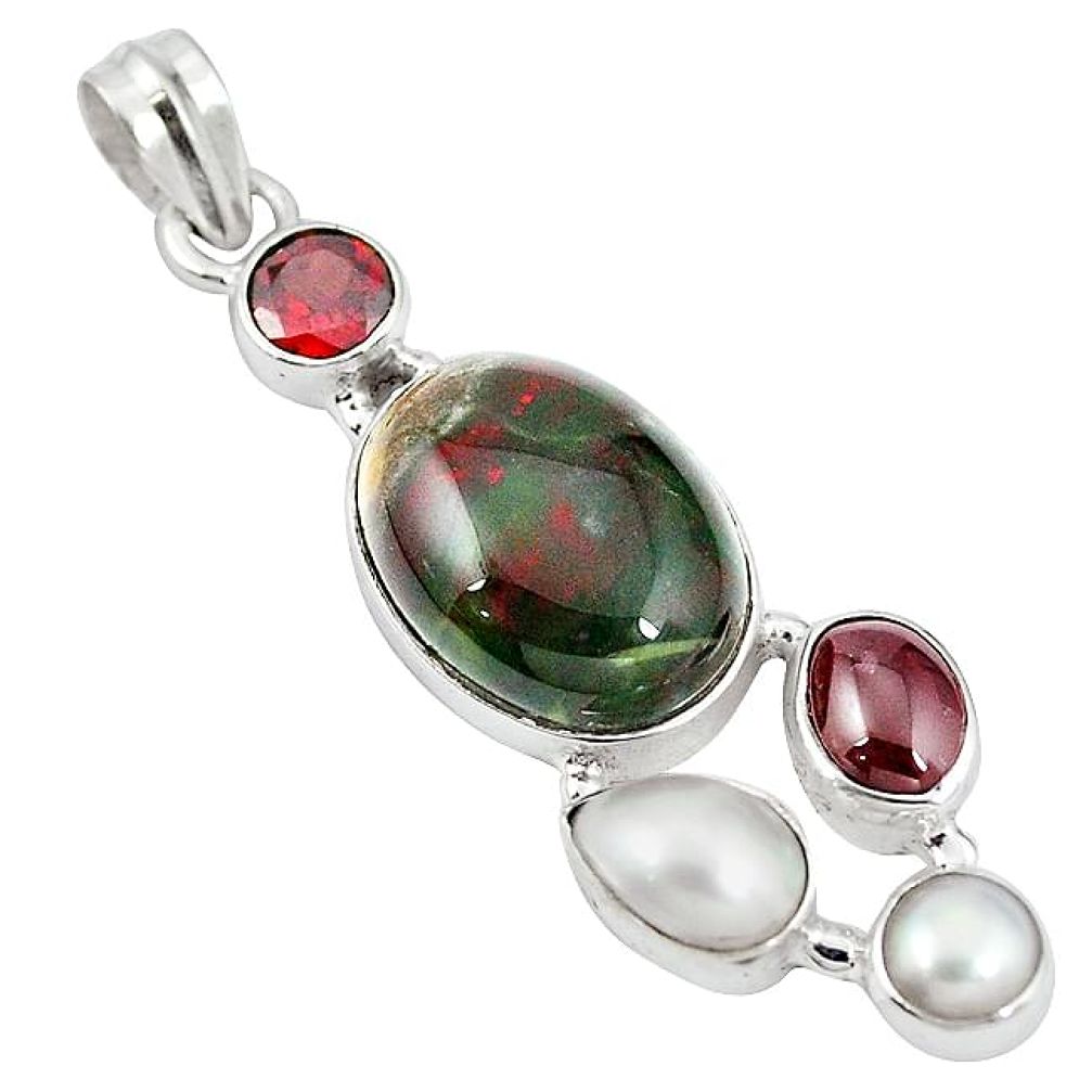 Natural green bloodstone african (heliotrope) pearl 925 silver pendant k93594