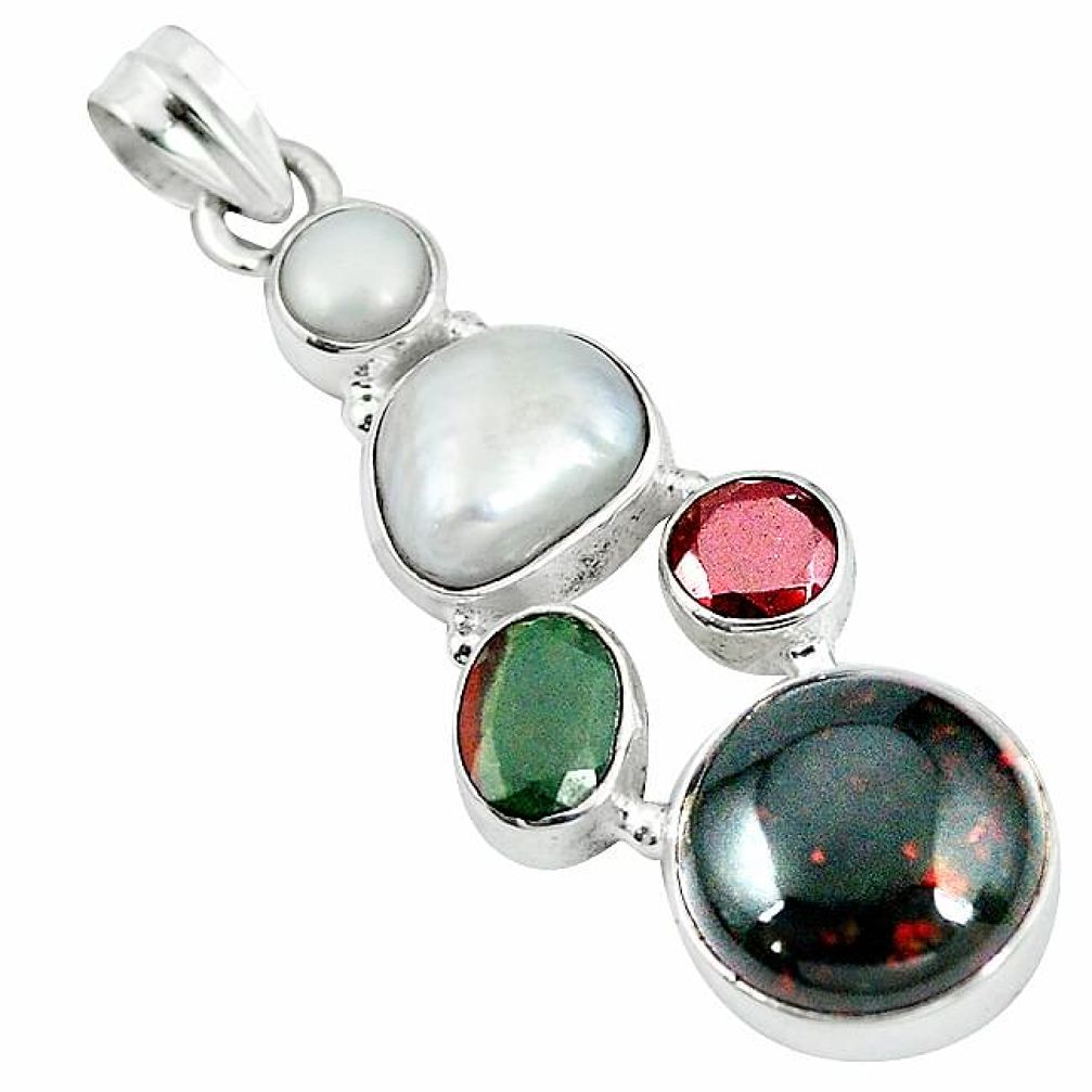 Natural green bloodstone african (heliotrope) pearl 925 silver pendant k93599
