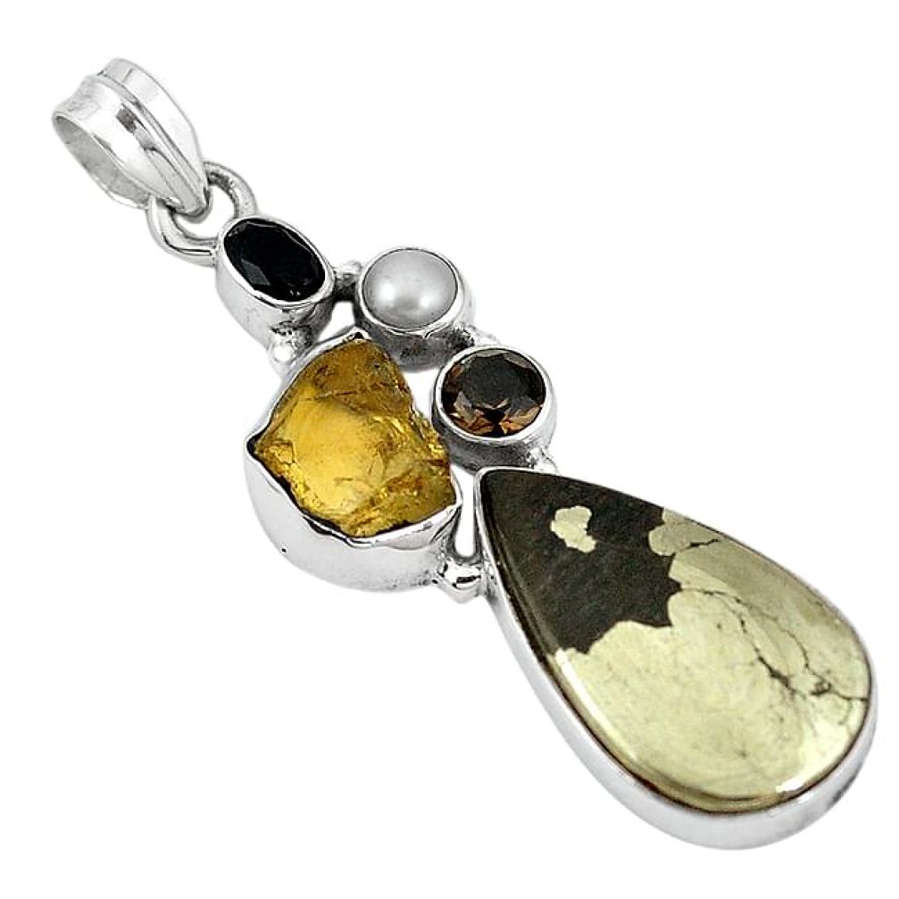 Natural golden pyrite in magnetite (healer's gold) 925 silver pendant k93923