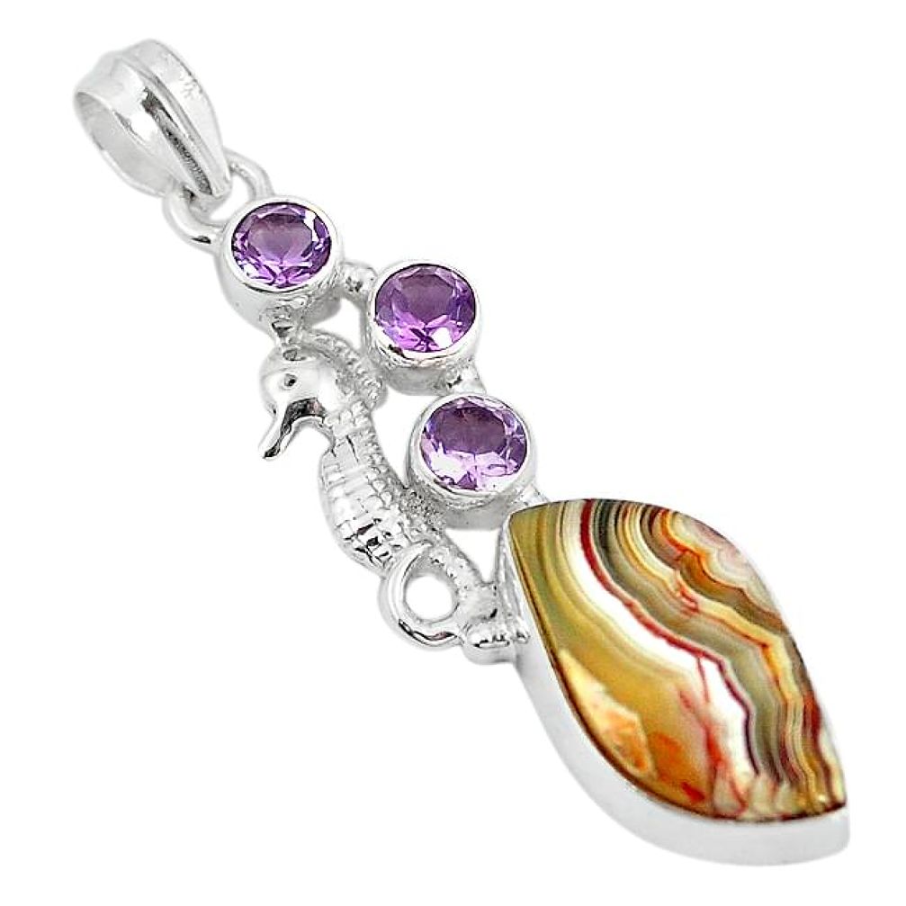 Natural multi color mexican laguna lace agate 925 silver seahorse pendant k93938