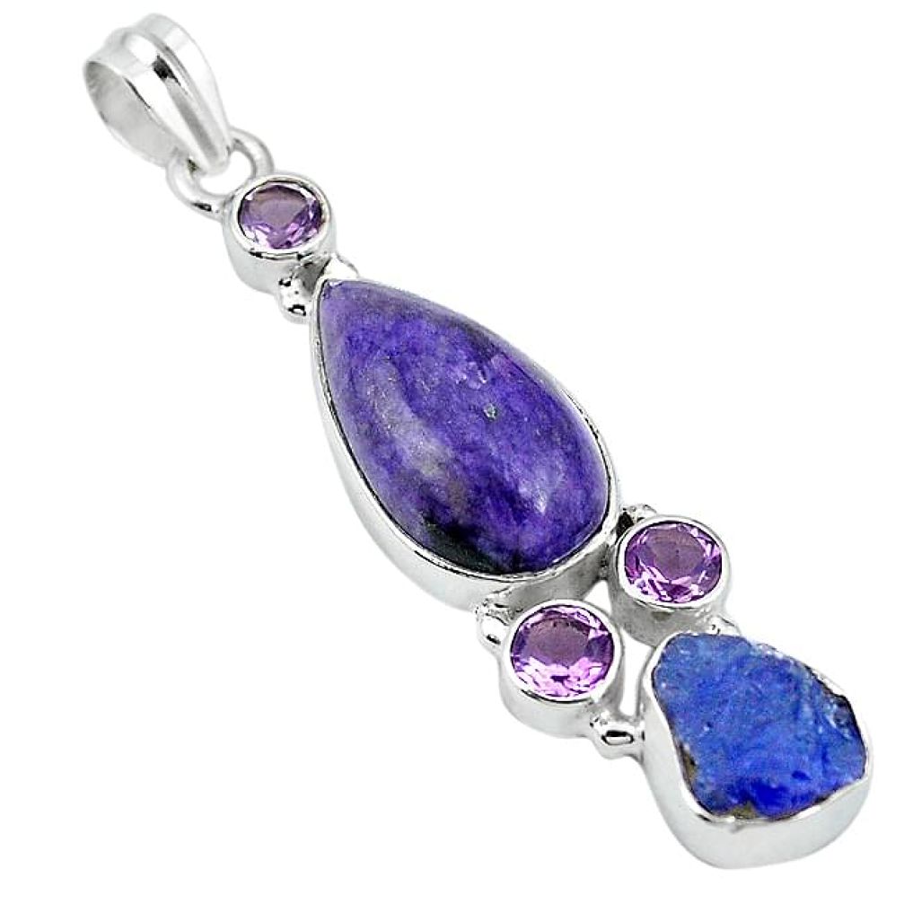 Natural purple charoite (siberian) amethyst 925 silver pendant jewelry k93946