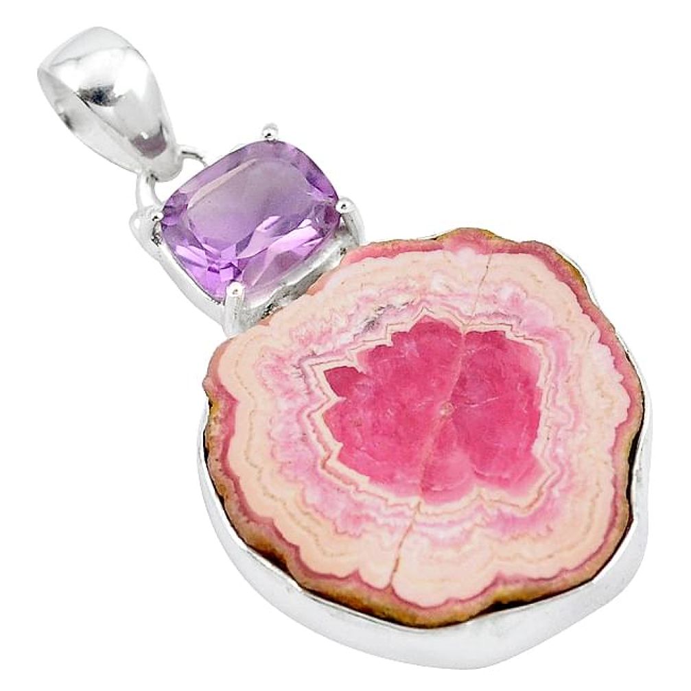 Natural pink rhodochrosite stalactite amethyst 925 silver pendant k94568