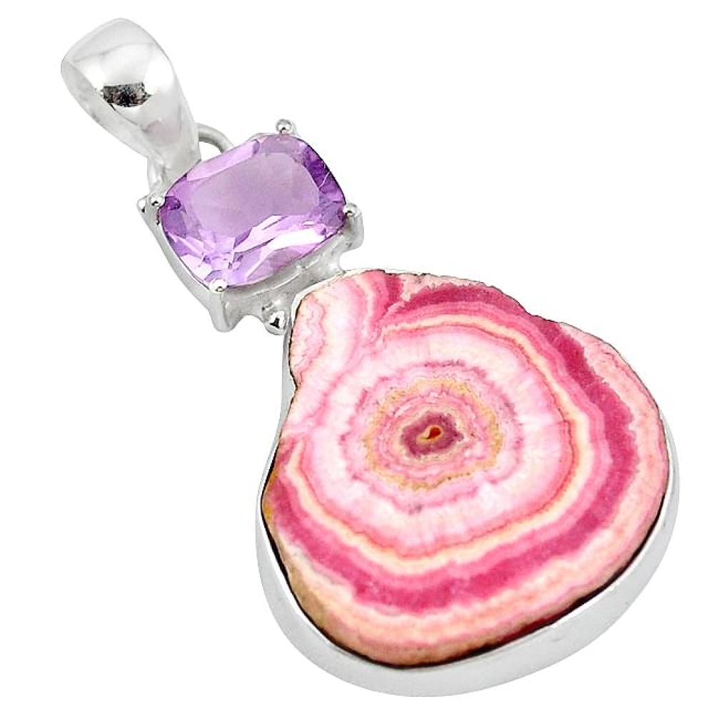 Natural pink rhodochrosite stalactite amethyst 925 silver pendant k94573