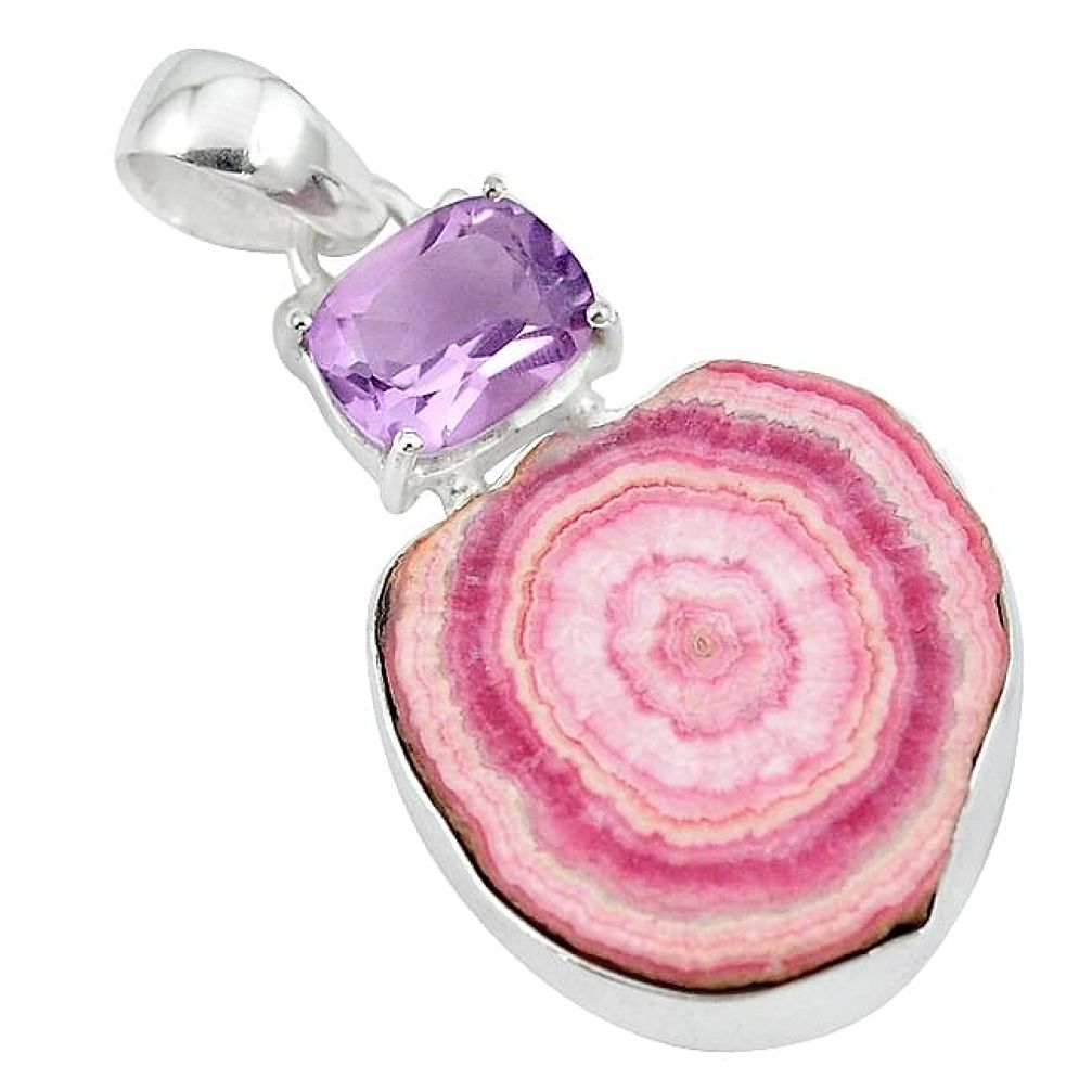 Natural pink rhodochrosite stalactite amethyst 925 silver pendant k94575