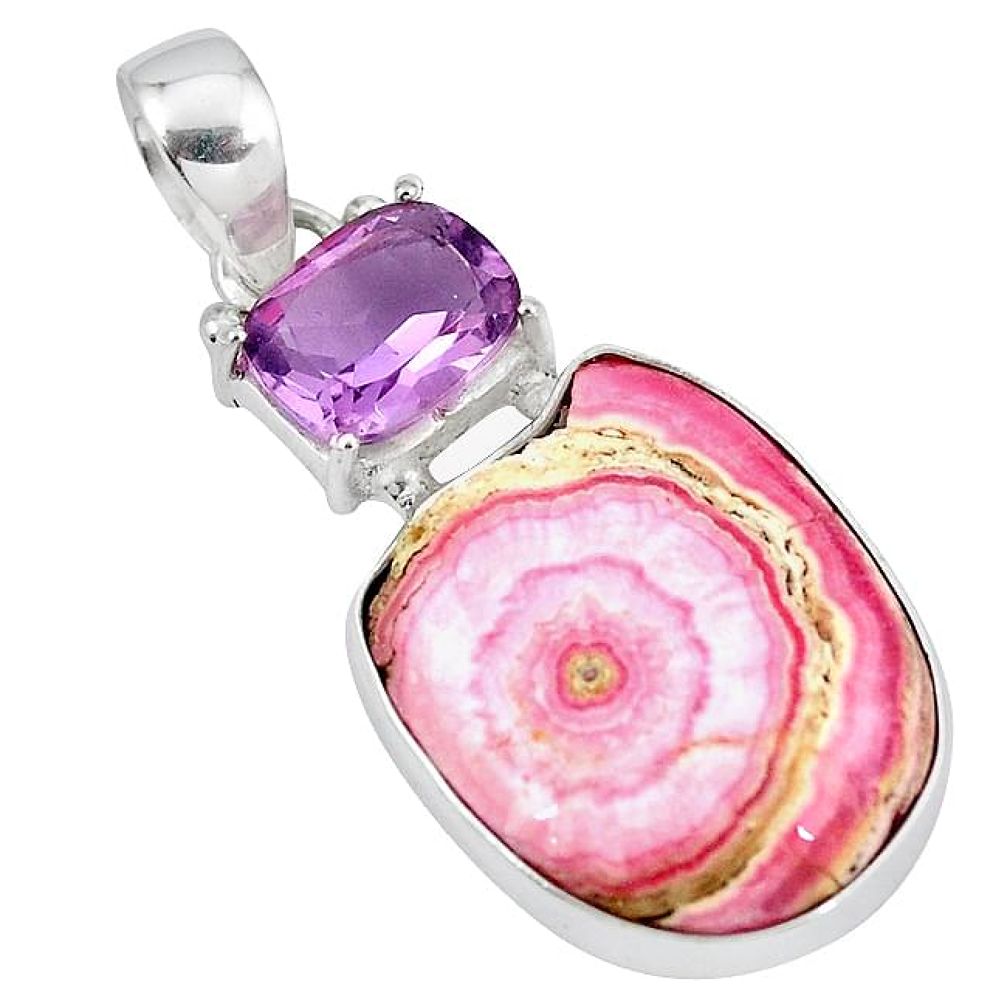 Natural pink rhodochrosite stalactite amethyst 925 silver pendant k94578