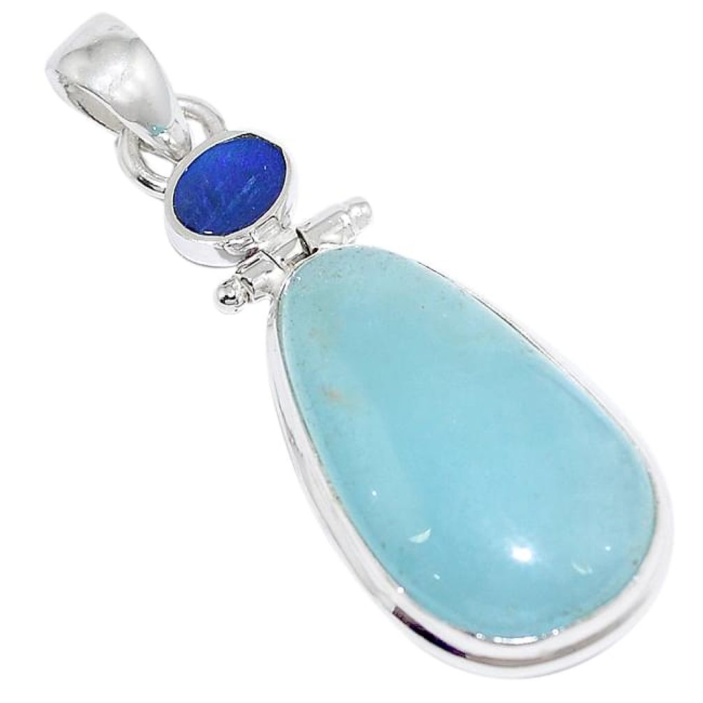 Natural blue aquamarine doublet opal australian 925 silver pendant k94590