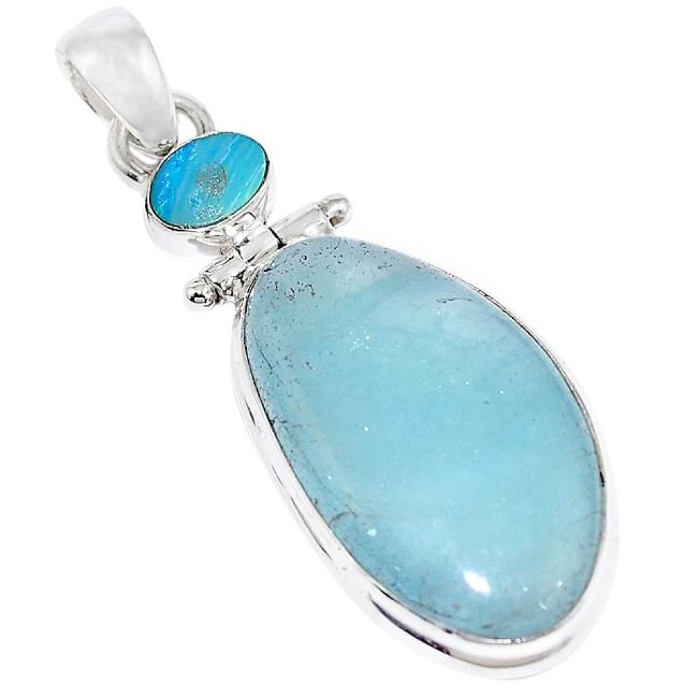 Natural blue aquamarine doublet opal australian 925 silver pendant k94594