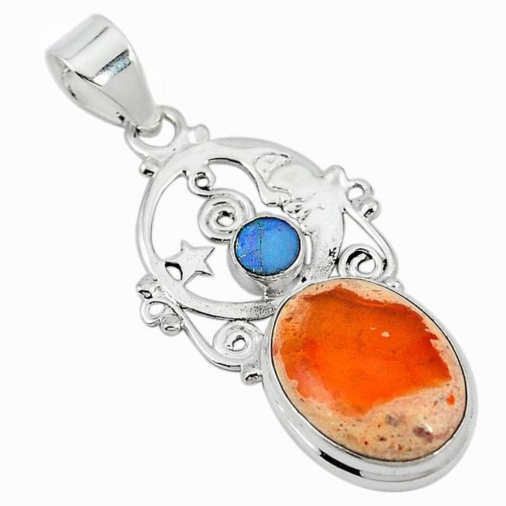 925 sterling silver natural mexican fire opal crescent moon star pendant k94876