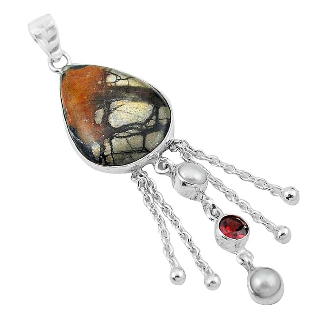 Natural black picasso jasper garnet pearl 925 sterling silver pendant k95234