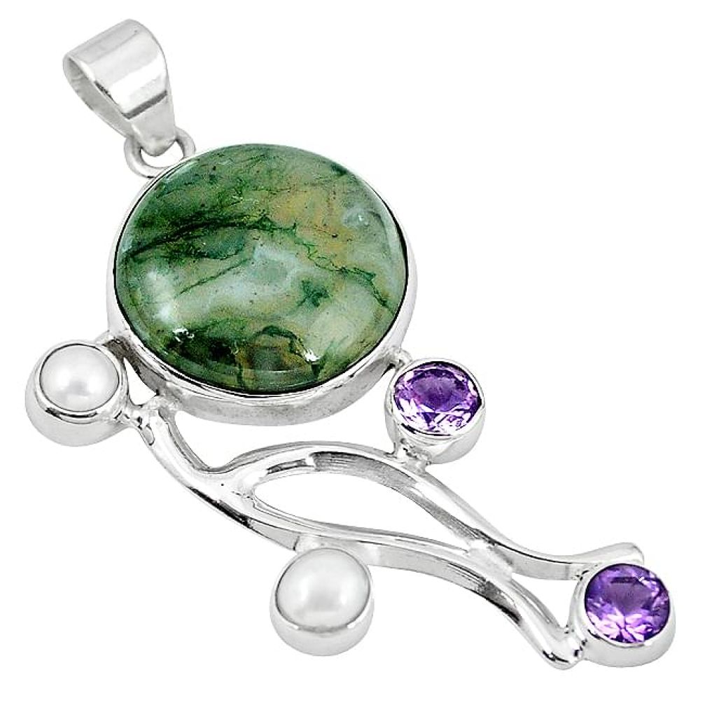 Natural green moss agate amethyst pearl 925 sterling silver pendant k95279