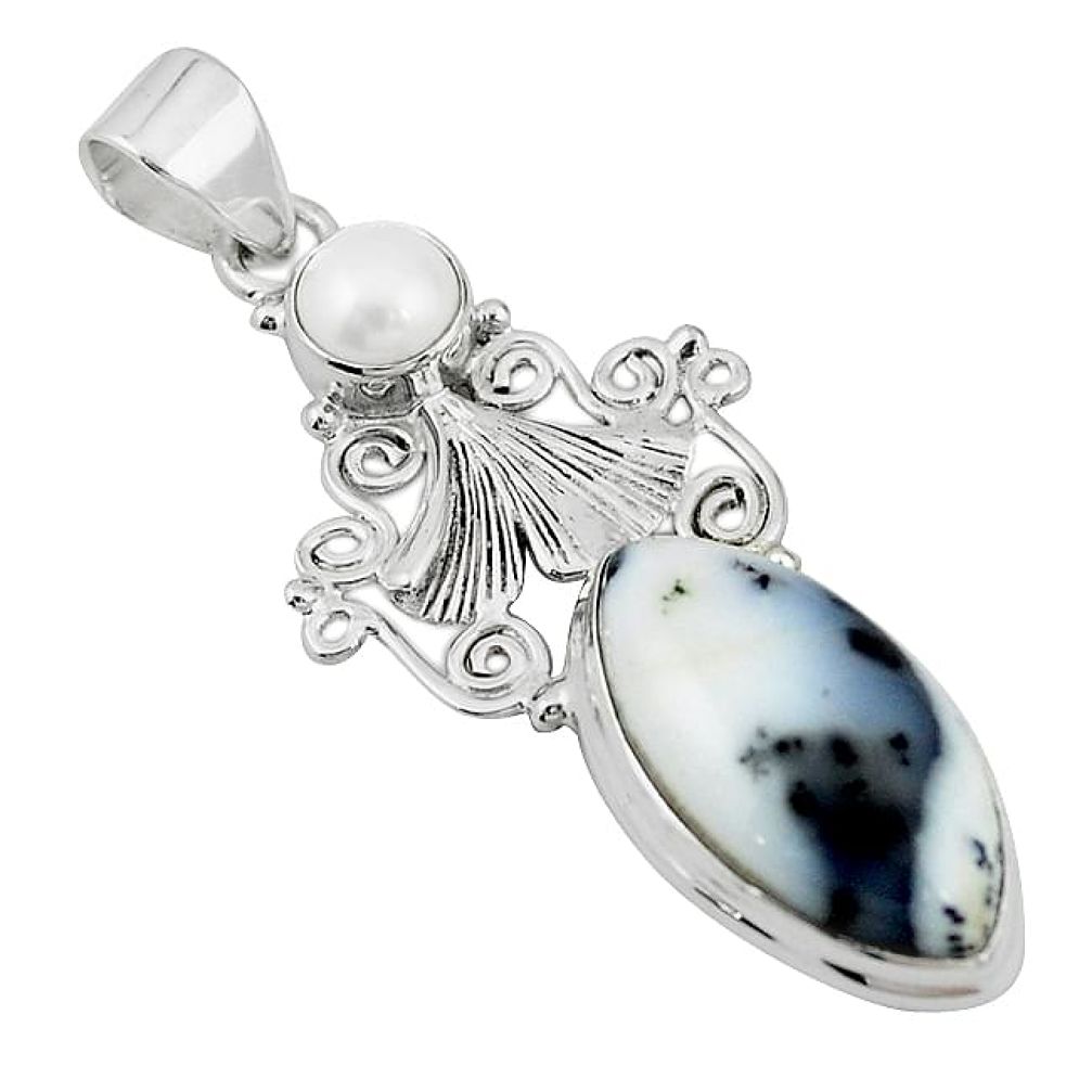 Natural white dendrite opal (merlinite) pearl 925 silver pendant k96263