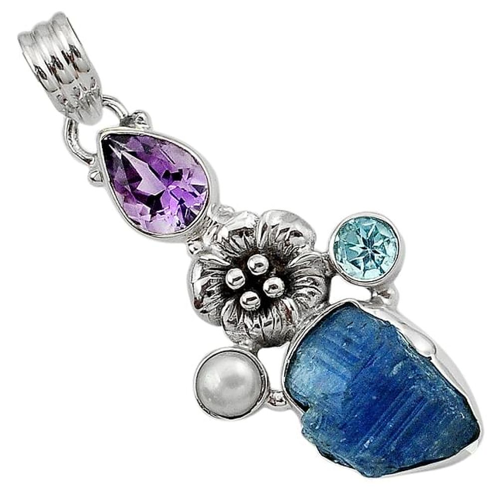 Natural blue tanzanite rough amethyst 925 sterling silver flower pendant k9779