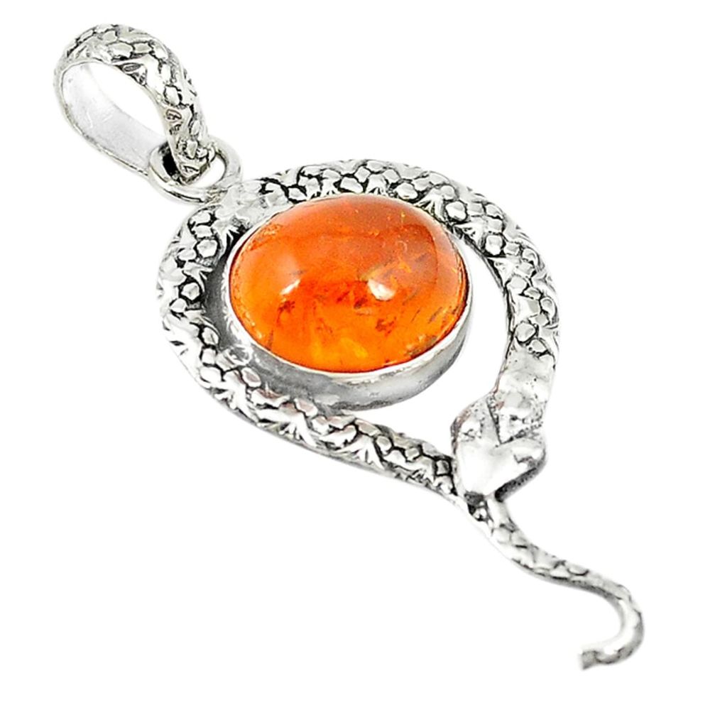 Orange amber oval 925 sterling silver snake pendant jewelry m11847