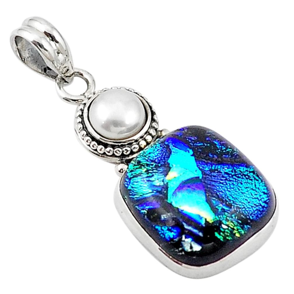 925 sterling silver multi color dichroic glass white pearl pendant m14108