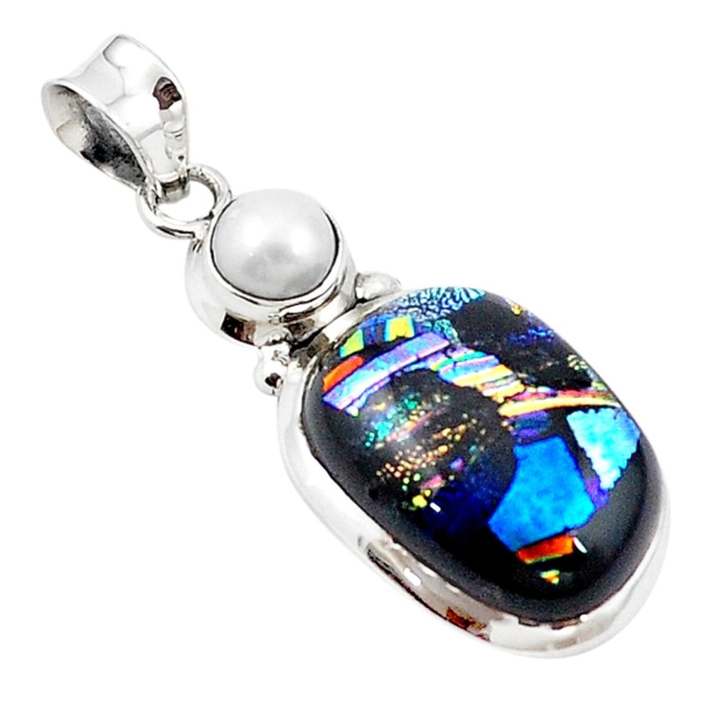 Multi color dichroic glass white pearl 925 sterling silver pendant m14117
