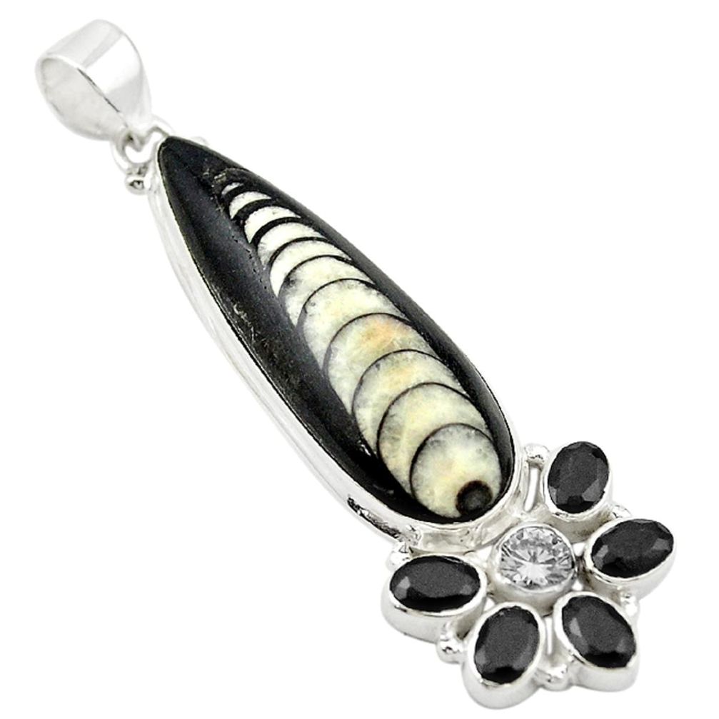 Natural black orthoceras topaz onyx 925 sterling silver pendant m20085