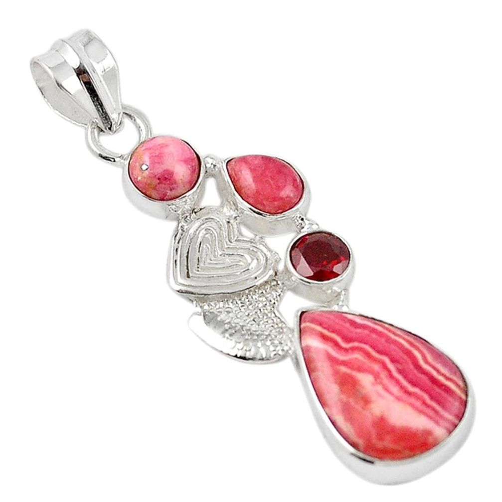 Natural pink rhodochrosite inca rose 925 silver couple hearts pendant m20826